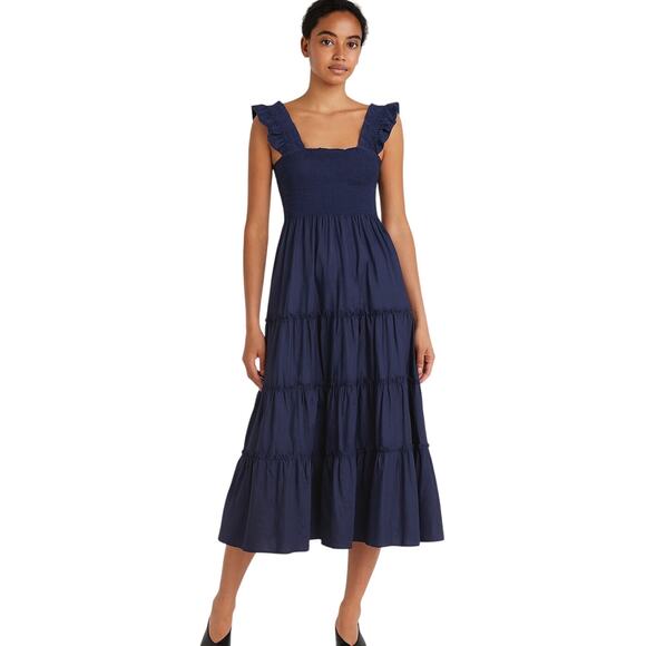 Kourt Navy Blue Square Neck Smocked Cotton Poplin Tiered Midi Dress size Small - Picture 1 of 5